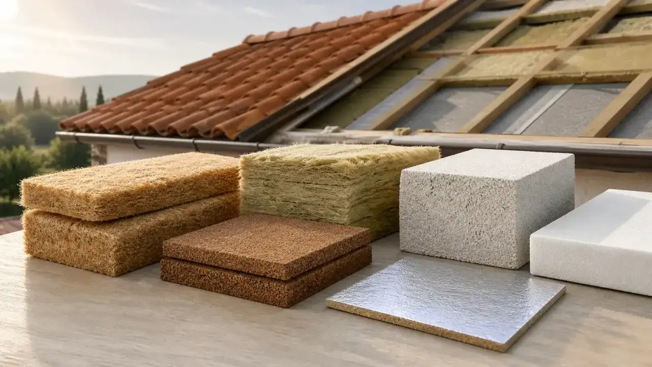 Diversi materiali isolanti, tra cui pannelli termoriflettenti, pronti per l'installazione su un tetto in fase di ristrutturazione.
