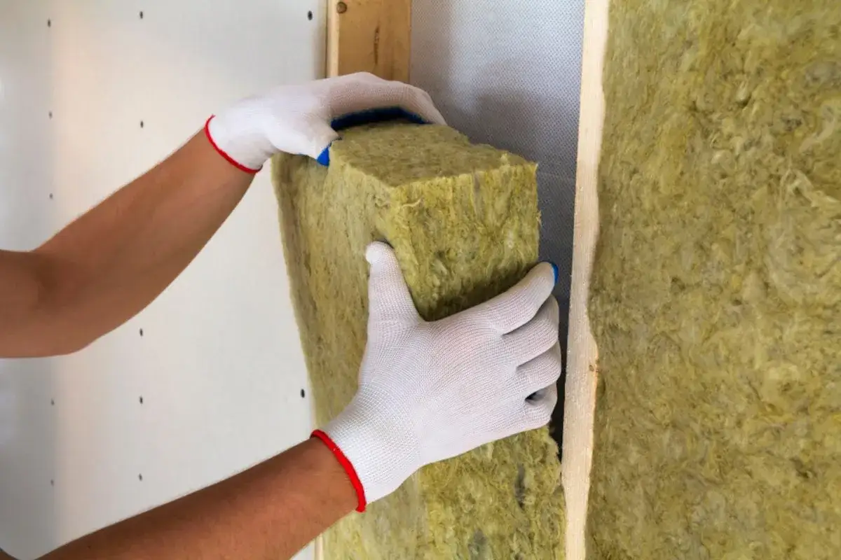 Mani guantate inseriscono un pannello isolante in lana di roccia, creando un doppio cappotto interno esterno per un'ottima coibentazione.