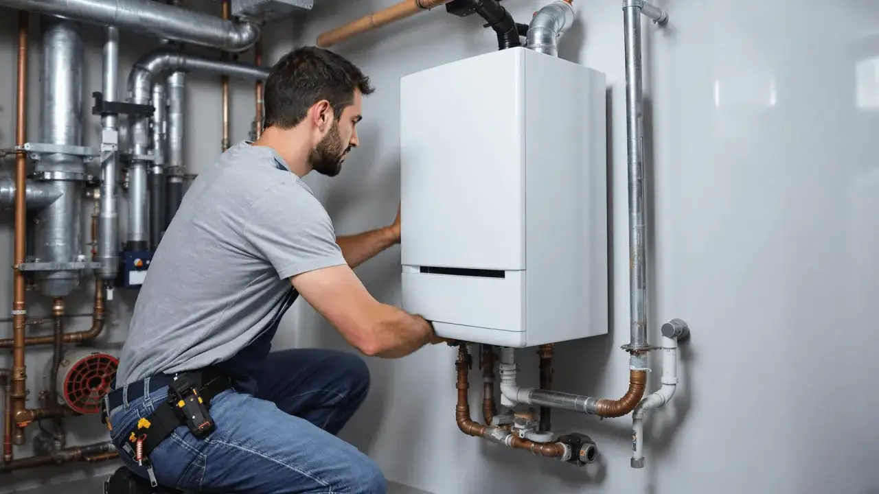 Tecnico esperto esegue il montaggio di una caldaia a condensazione, collegando tubi e componenti per un'installazione efficiente.