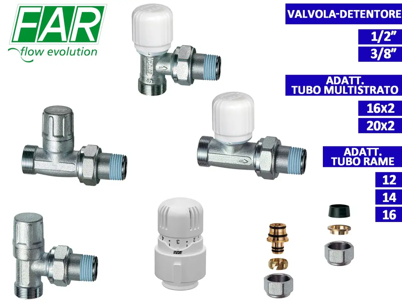 Valvole detentore per termosifone FAR, con adattatori per tubi multistrato e rame.