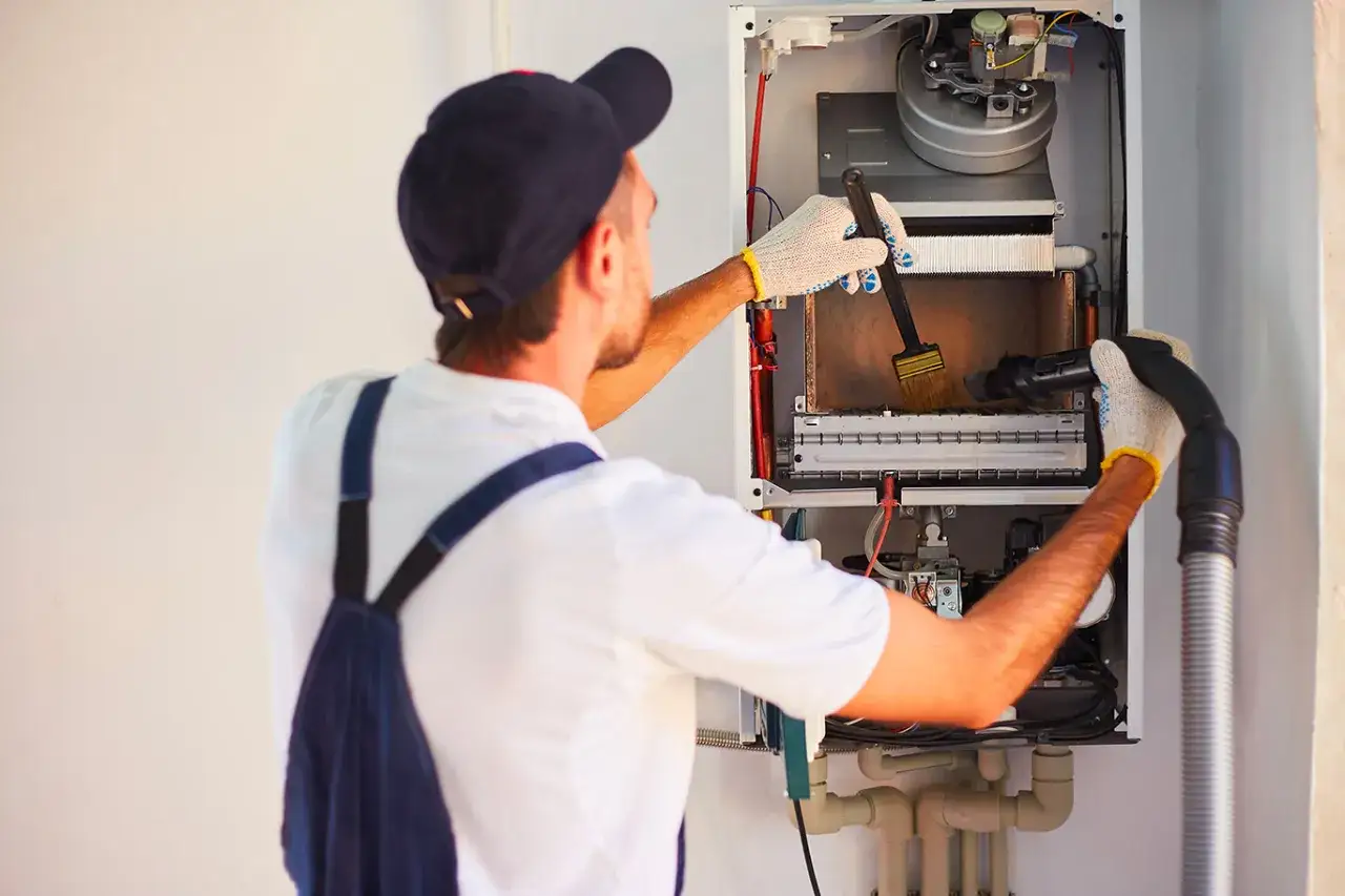 Tecnico con guanti e tuta esegue la pulizia caldaia con spazzola e aspiratore per un funzionamento efficiente.