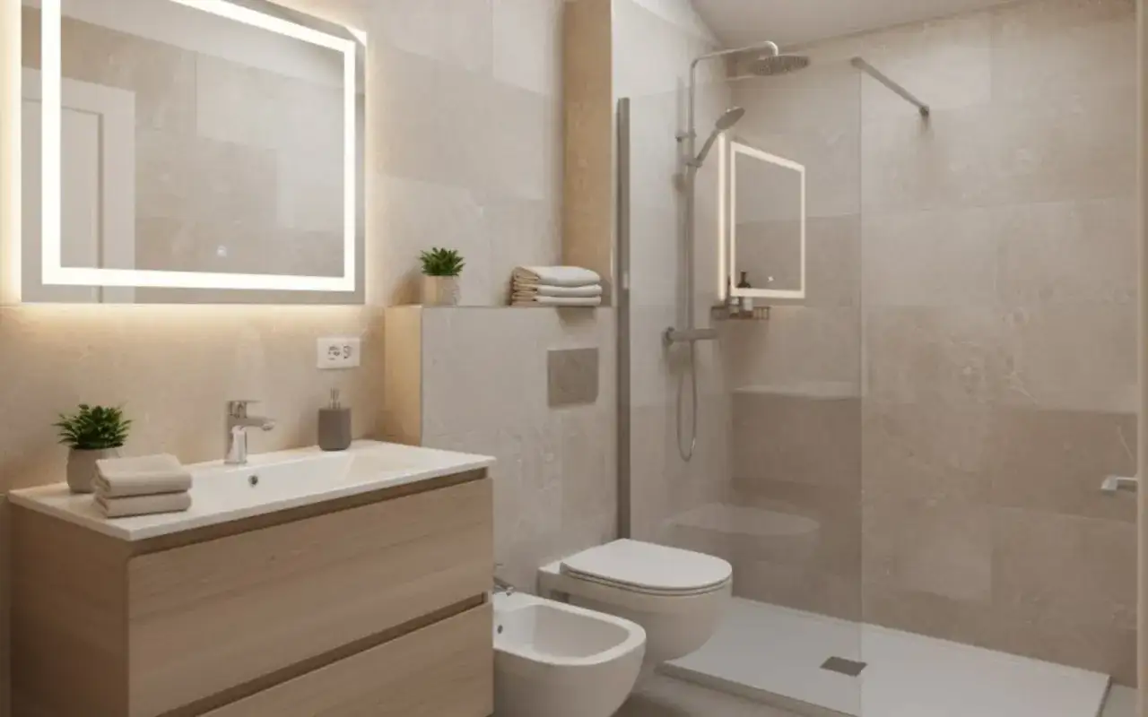 Bagno moderno con lavabo in legno, specchio luminoso e doccia walk-in. Ottime idee bagno per un look minimalista e funzionale.