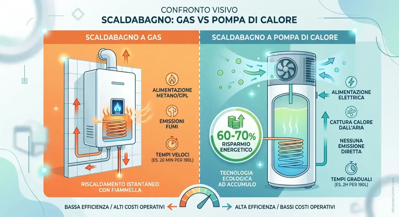 Confronto visivo: scaldabagno a gas con fiamma e fumi, vs pompa di calore elettrica. Illustra la differenza tra caldaia e scaldabagno.