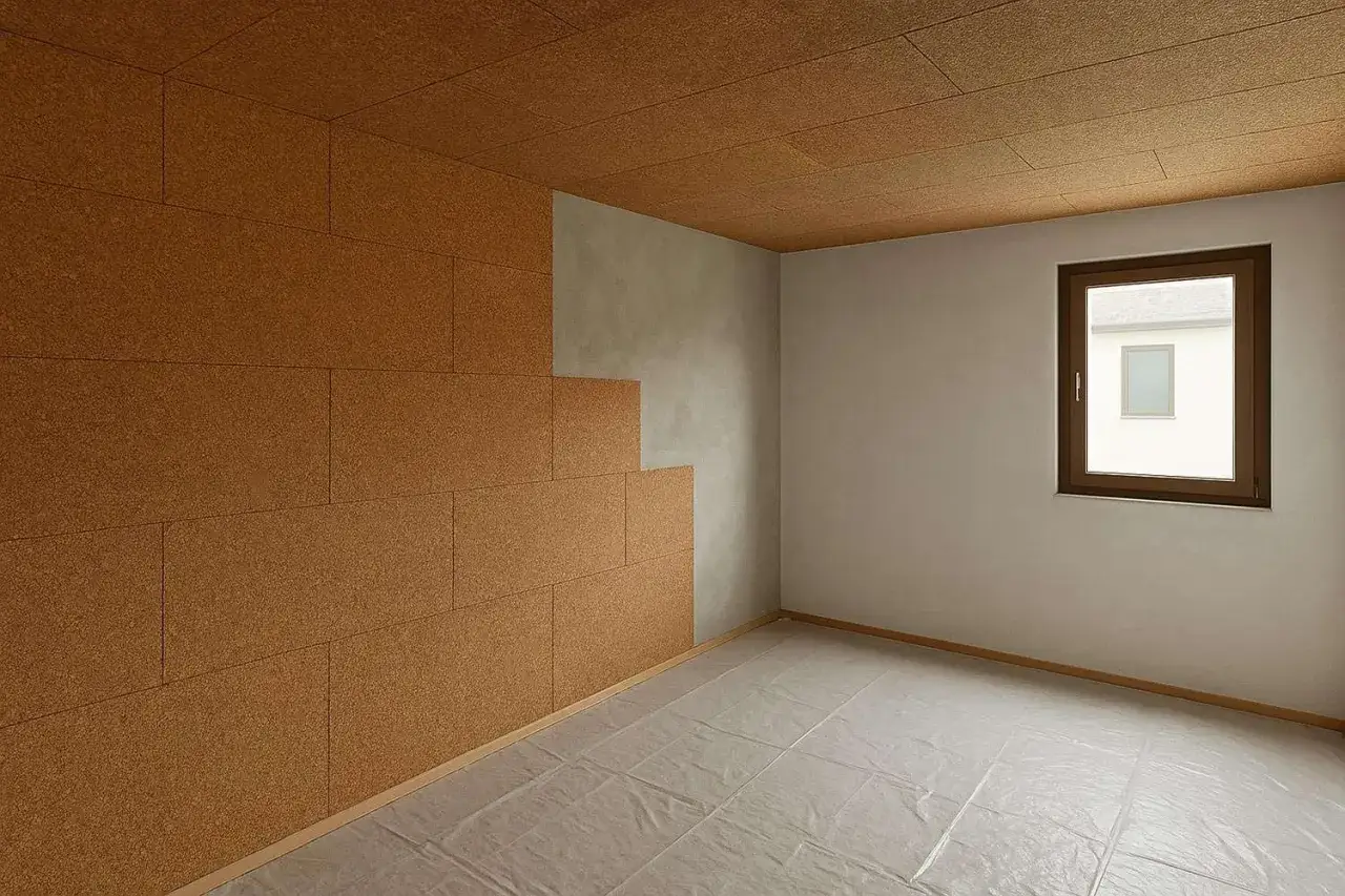 Pareti e soffitto rivestiti con pannelli di intonaco con sughero, creando un ambiente caldo e naturale. Una finestra incorniciata in legno illumina la stanza.