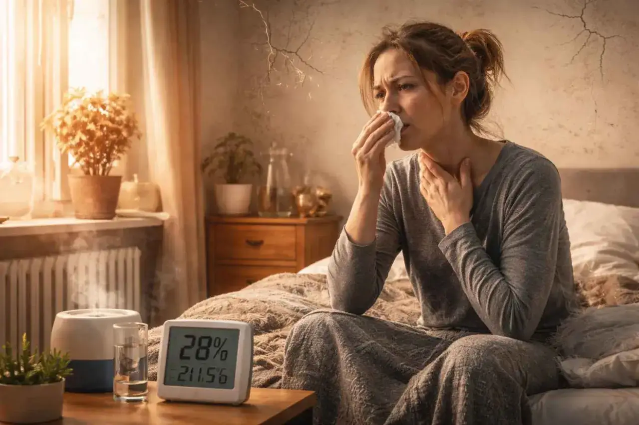 Donna con fazzoletto al naso, mani alla gola, soffre per l'aria secca. Umidificatore e igrometro indicano 28%.
