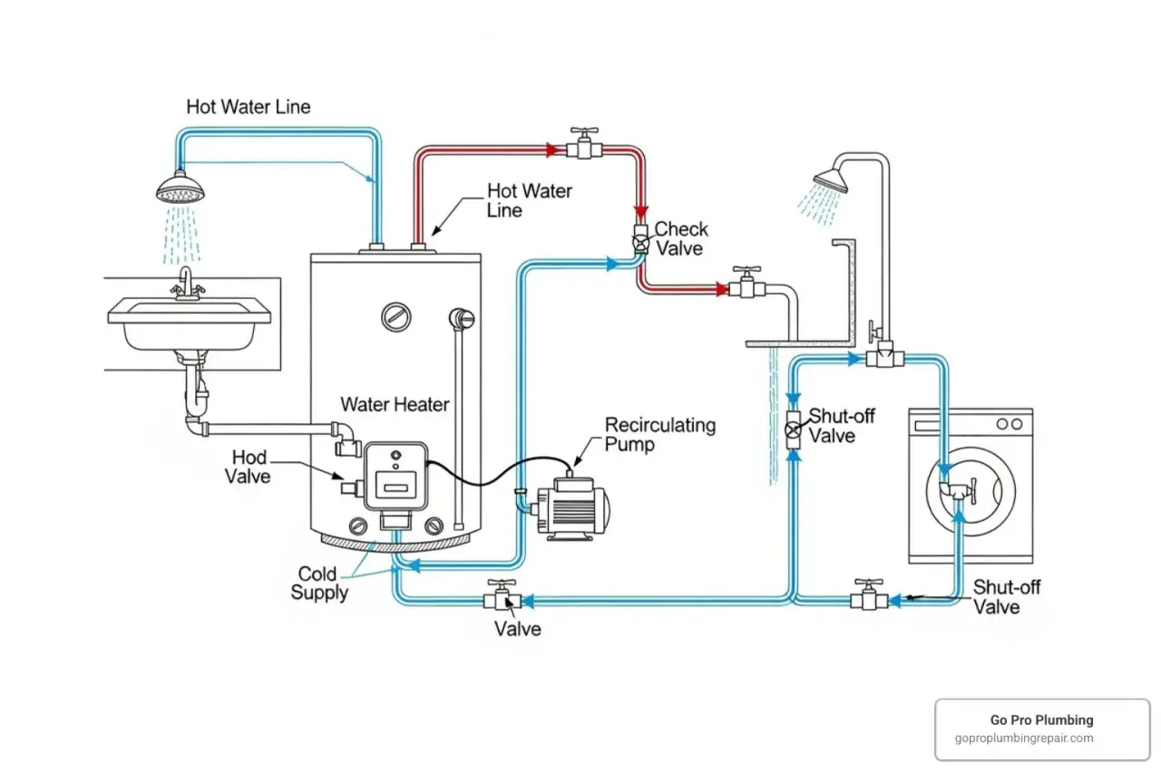 Schema di impianto idraulico con scaldabagno, pompa di ricircolo e tubazioni per acqua calda sanitaria.