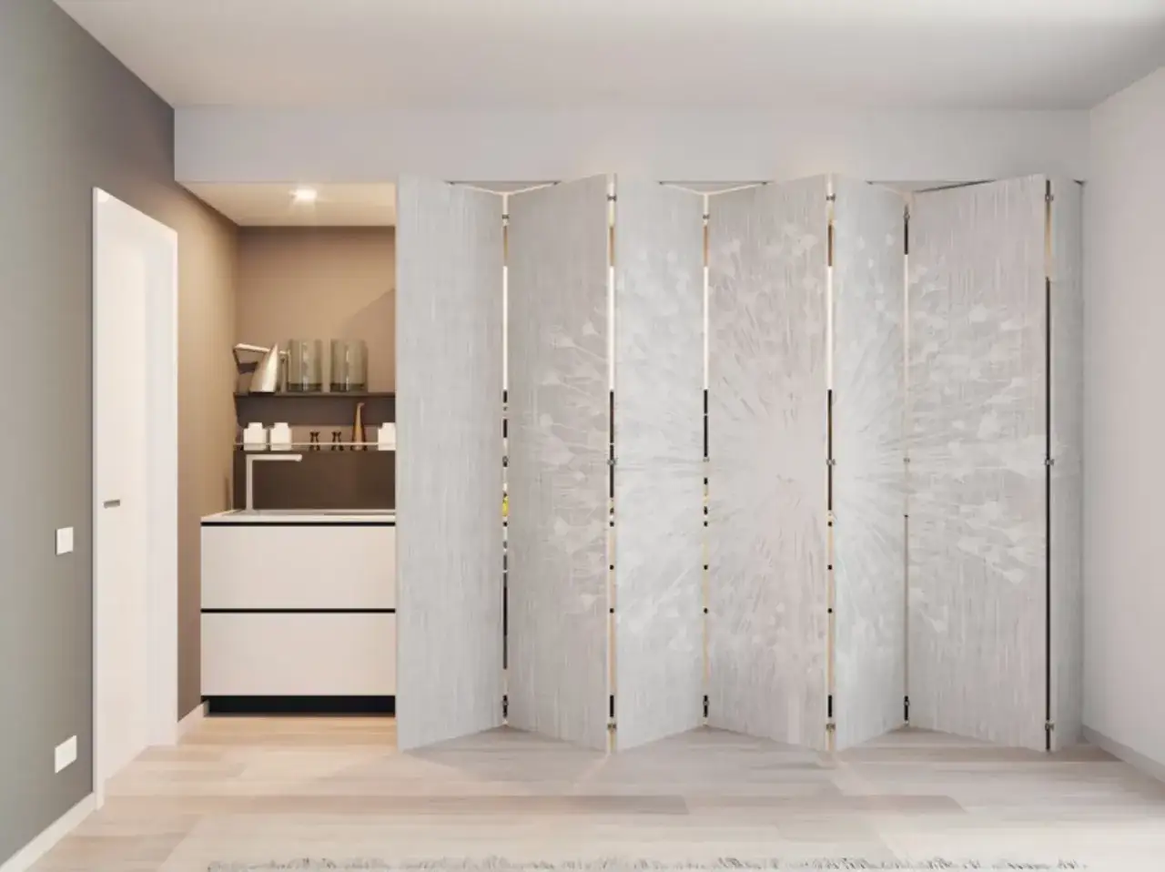 Una parete vedo non vedo pieghevole con decoro a soffione divide elegantemente lo spazio, rivelando un angolo cucina moderno.