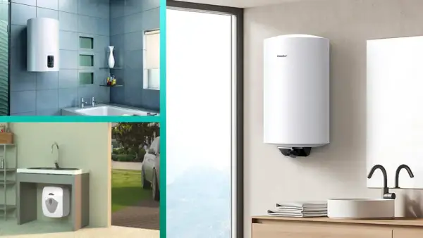 Scaldabagno per 4 persone: quanti litri servono? Immagini di scaldabagni moderni in bagno e sottolavabo.