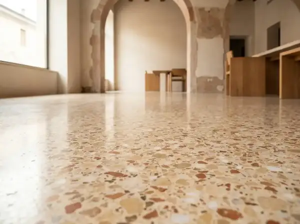 Pavimento lucido in cocciopesto veneziano, con riflessi di luce e mobili in legno sullo sfondo.