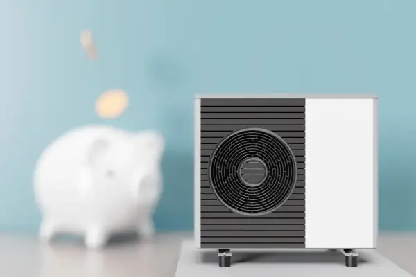 Scaldacqua a pompa di calore: svantaggi e risparmio. Un salvadanaio a forma di maialino con monete che cadono, accanto a un'unità esterna.